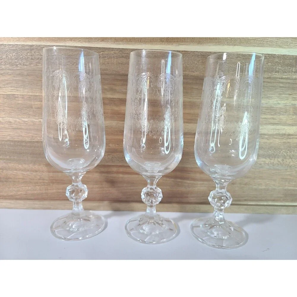 Set of 3 Vintage Etched Water Juice Cocktail Goblets Ball Stem Glasses